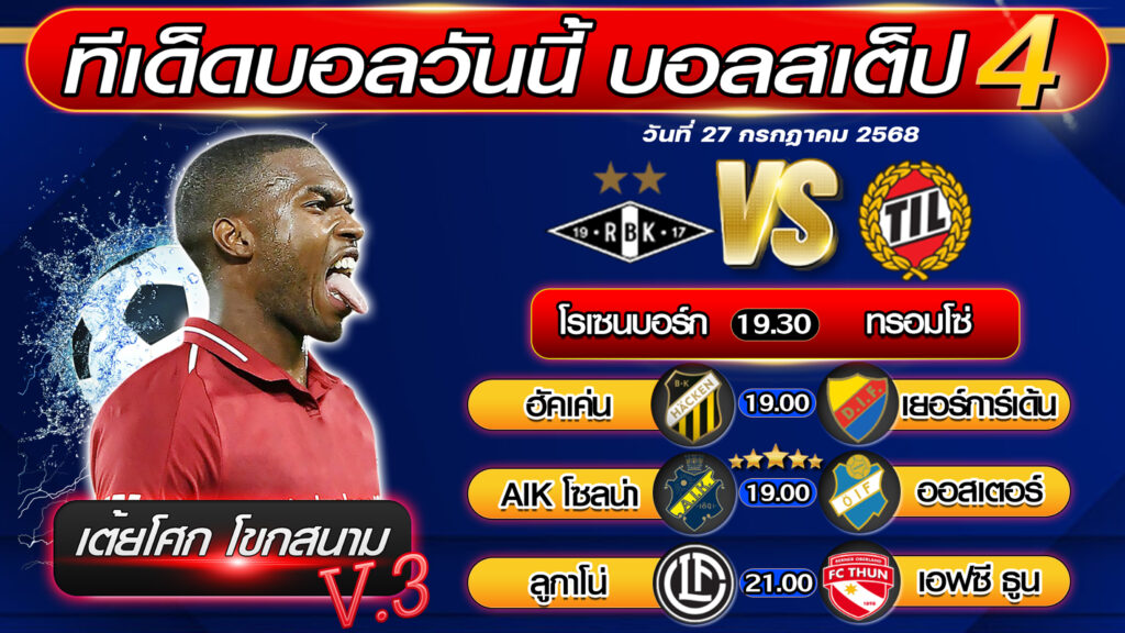 ทีเด็ดบอลวันนี้ บอลสเต็ป 4 บอลสเต็ปวันนี้ [วันที่ 27 กรกฎาคม 2568 ] By เต้ยโศก โขกสนาม V
